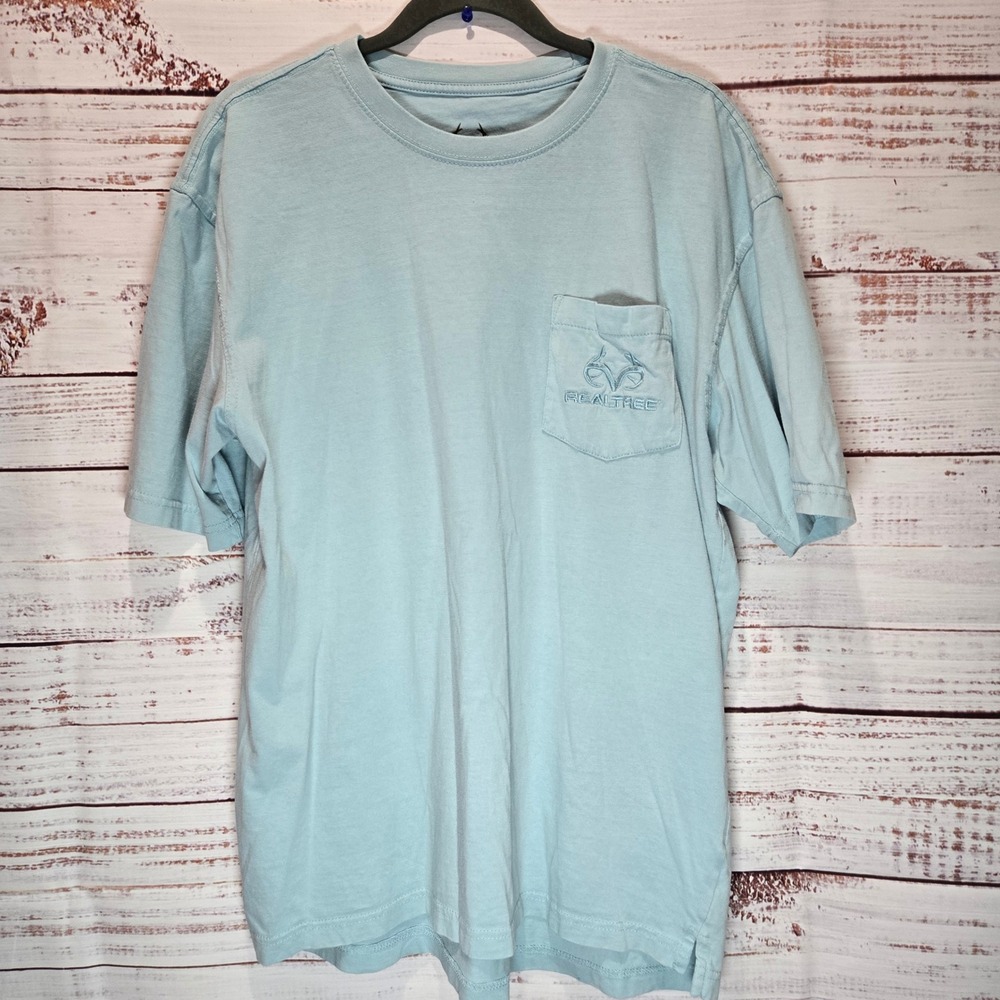 REAL TREE Men's Light Blue Short Sleeve‎ Pocket T Shirt Size L 100% Cotton